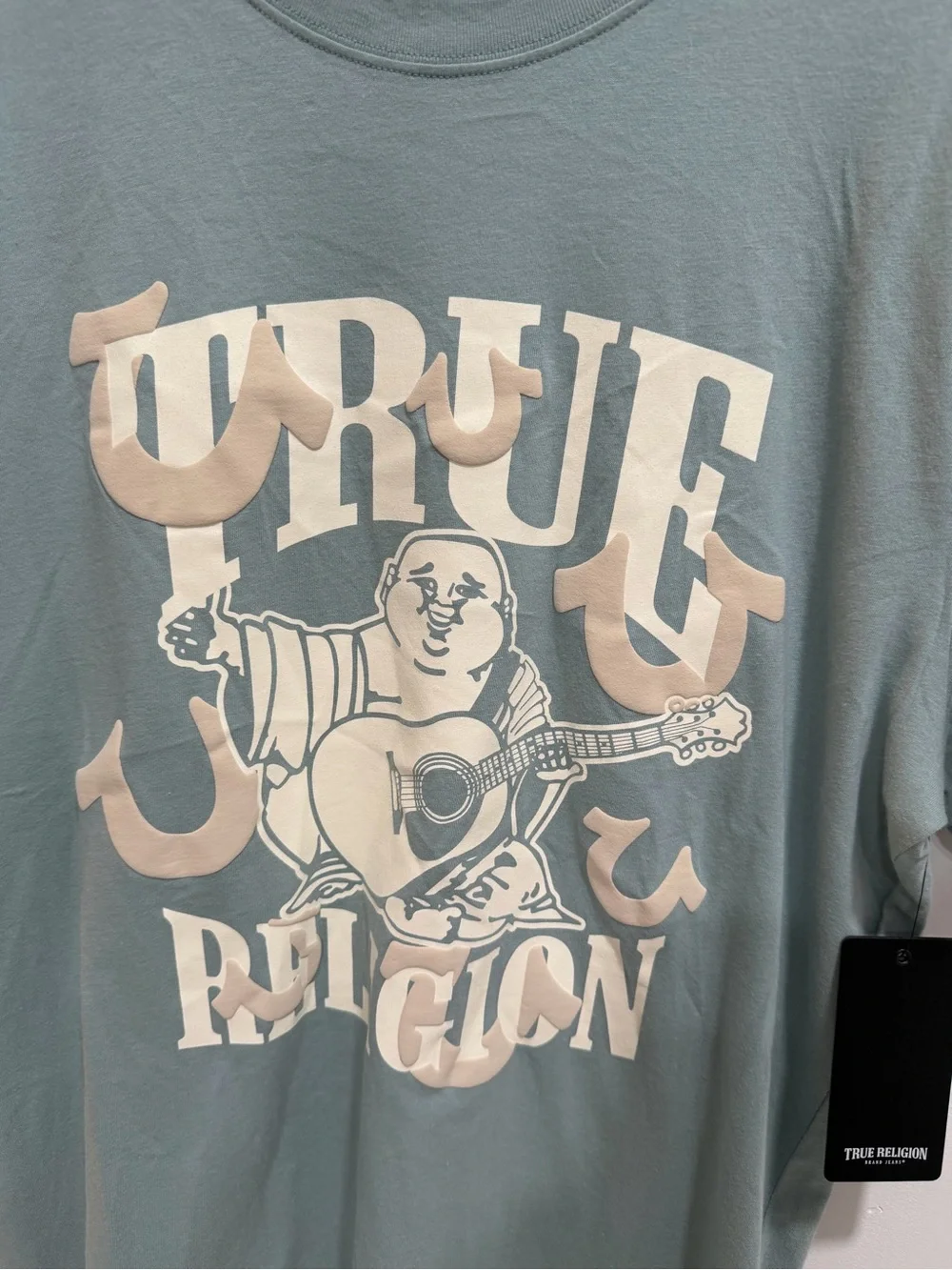 True Religion Sage Green Buddha Graphic Tee with Cream Print